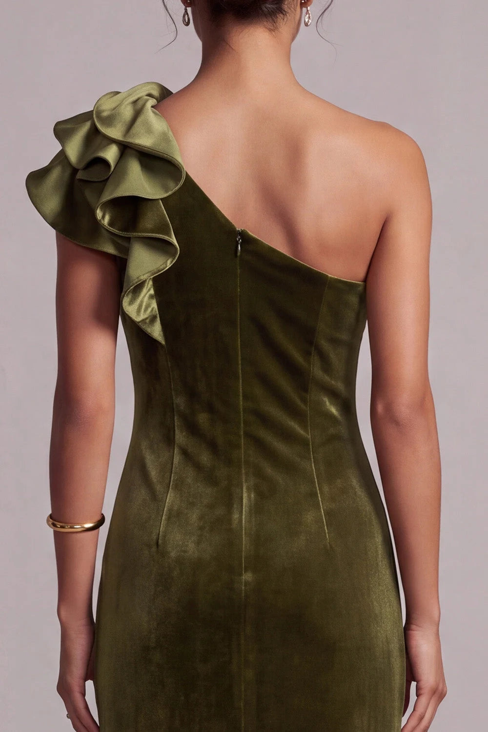 Elegant Sheath One-Shoulder Ruffled Slit Olive Green Floor-Length Prom Dress Women's Gown