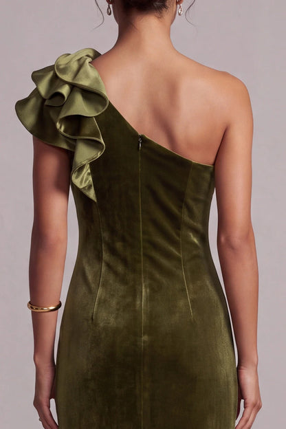 Elegant Sheath One-Shoulder Ruffled Slit Olive Green Floor-Length Prom Dress Women's Gown