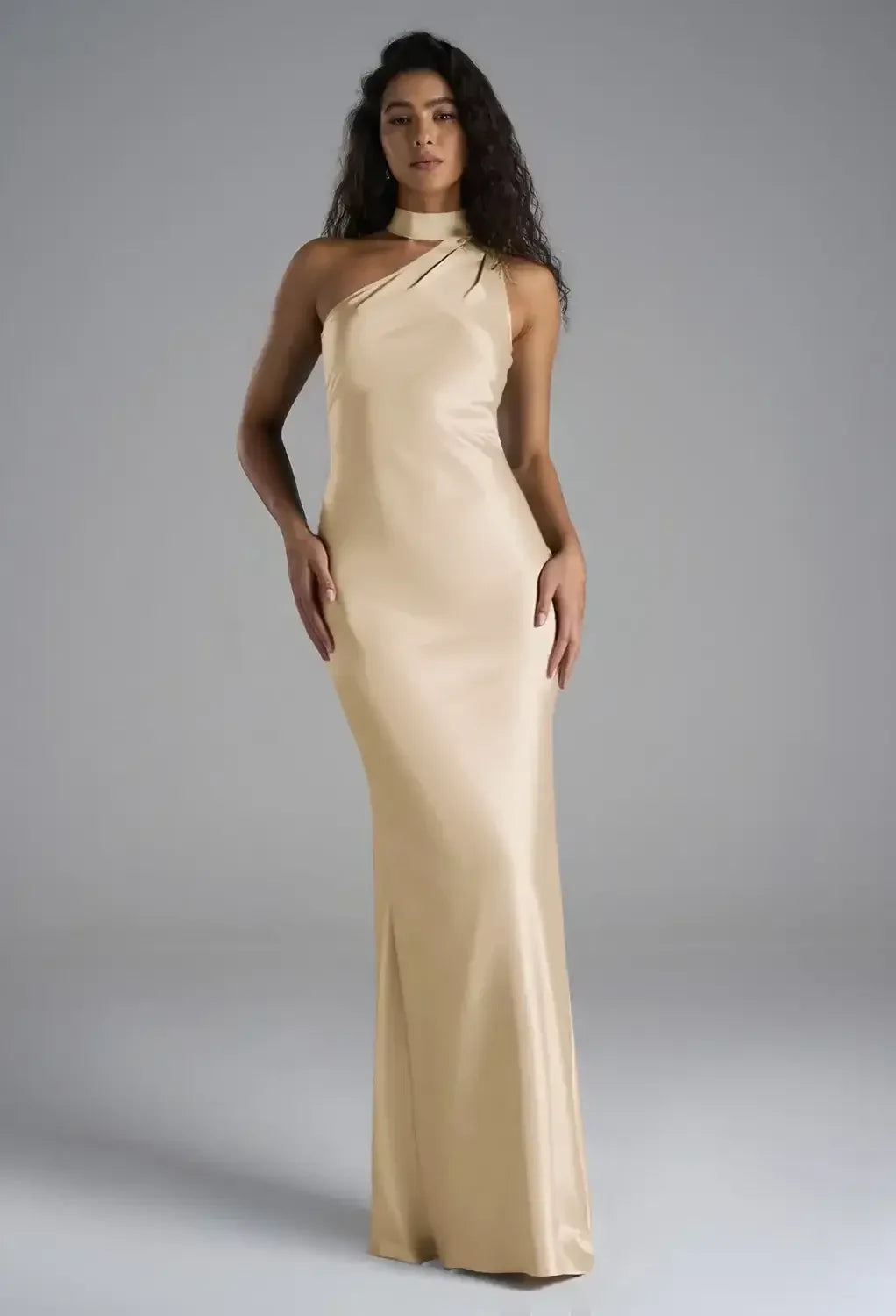 Elegant Sheath One-Shoulder Sleeveless Chic Formal Champagne Floor-Length Bridesmaid Dress Women