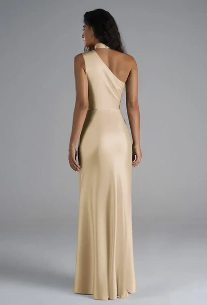 Elegant Sheath One-Shoulder Sleeveless Chic Formal Champagne Floor-Length Bridesmaid Dress Women