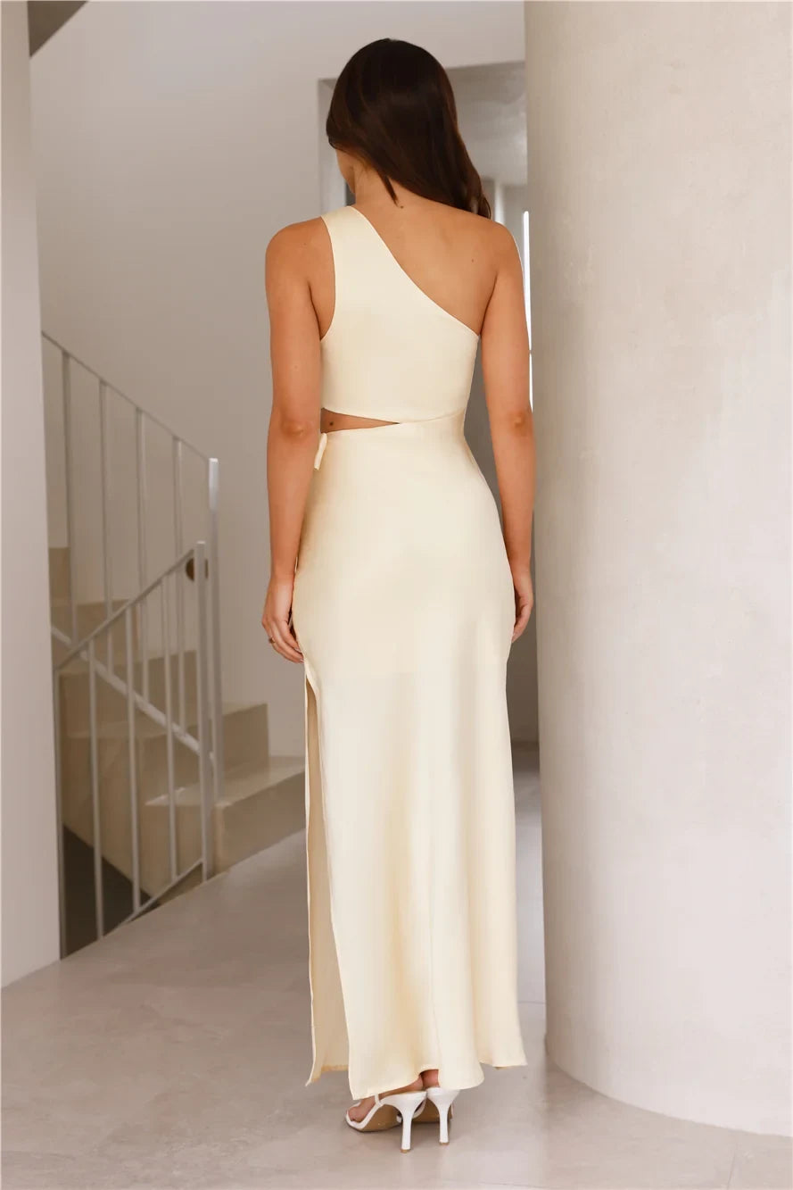 Elegant Sheath One-Shoulder Sleeveless Cutout Tie-Waist Pale Yellow Maxi Prom Dress