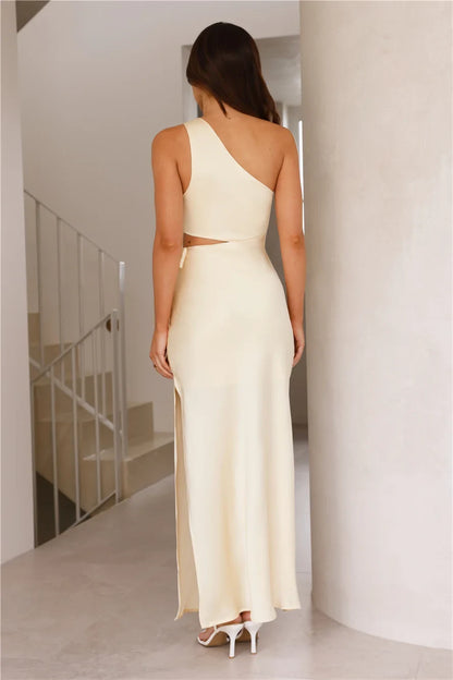 Elegant Sheath One-Shoulder Sleeveless Cutout Tie-Waist Pale Yellow Maxi Prom Dress