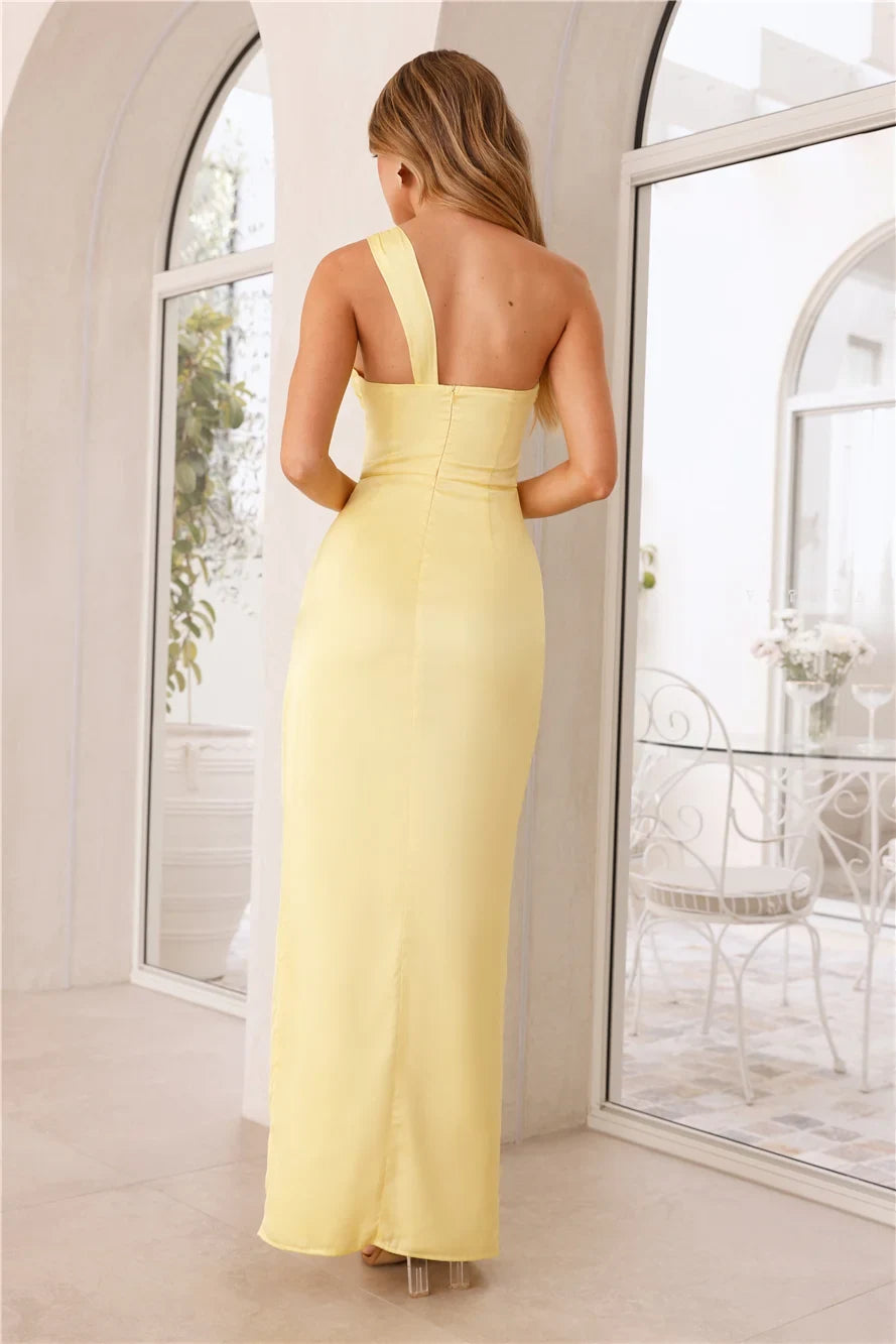 Elegant Sheath One-Shoulder Sleeveless Cutout Yellow Floor-Length Prom Dresses Gown