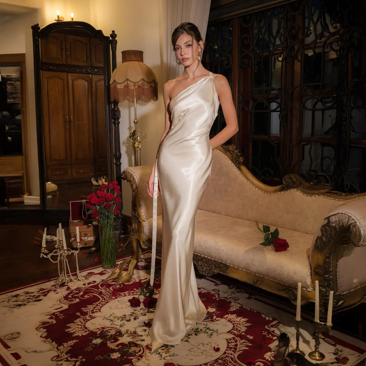 Elegant Sheath One-Shoulder Sleeveless Draped Backless Champagne Floor-Length Prom Gown