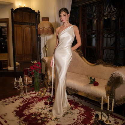 Elegant Sheath One-Shoulder Sleeveless Draped Backless Champagne Floor-Length Prom Gown