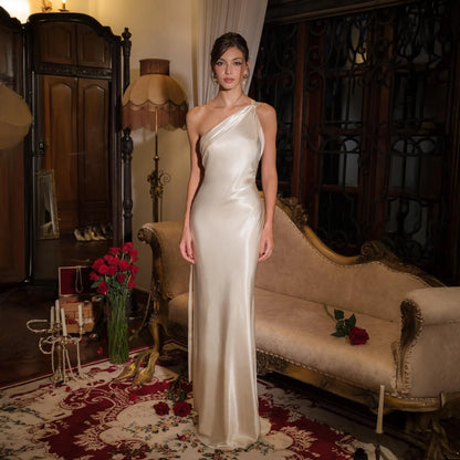 Elegant Sheath One-Shoulder Sleeveless Draped Backless Champagne Floor-Length Prom Gown