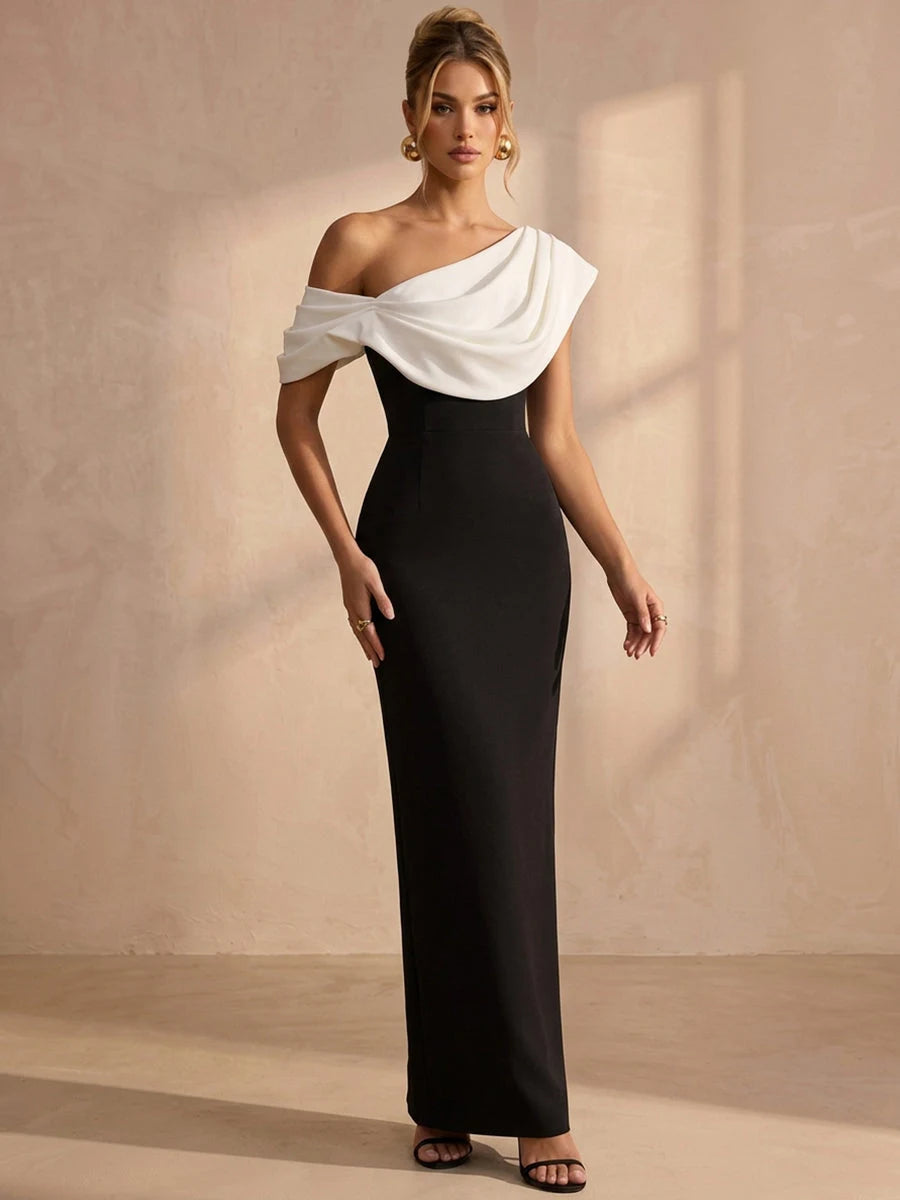 Elegant Sheath One-Shoulder Sleeveless Draped Contrast Black Long Prom Dresses Women Gown