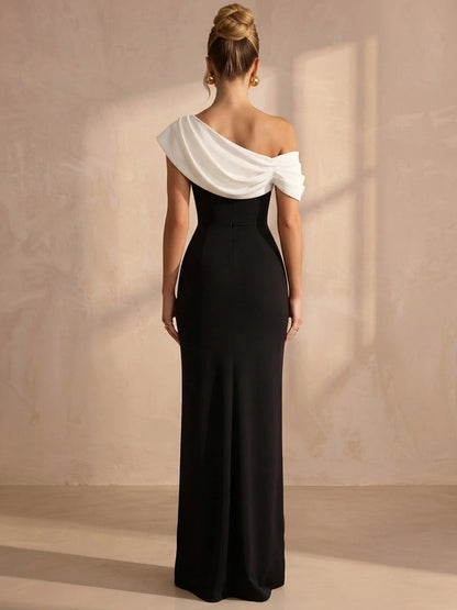 Elegant Sheath One-Shoulder Sleeveless Draped Contrast Black Long Prom Dresses Women Gown