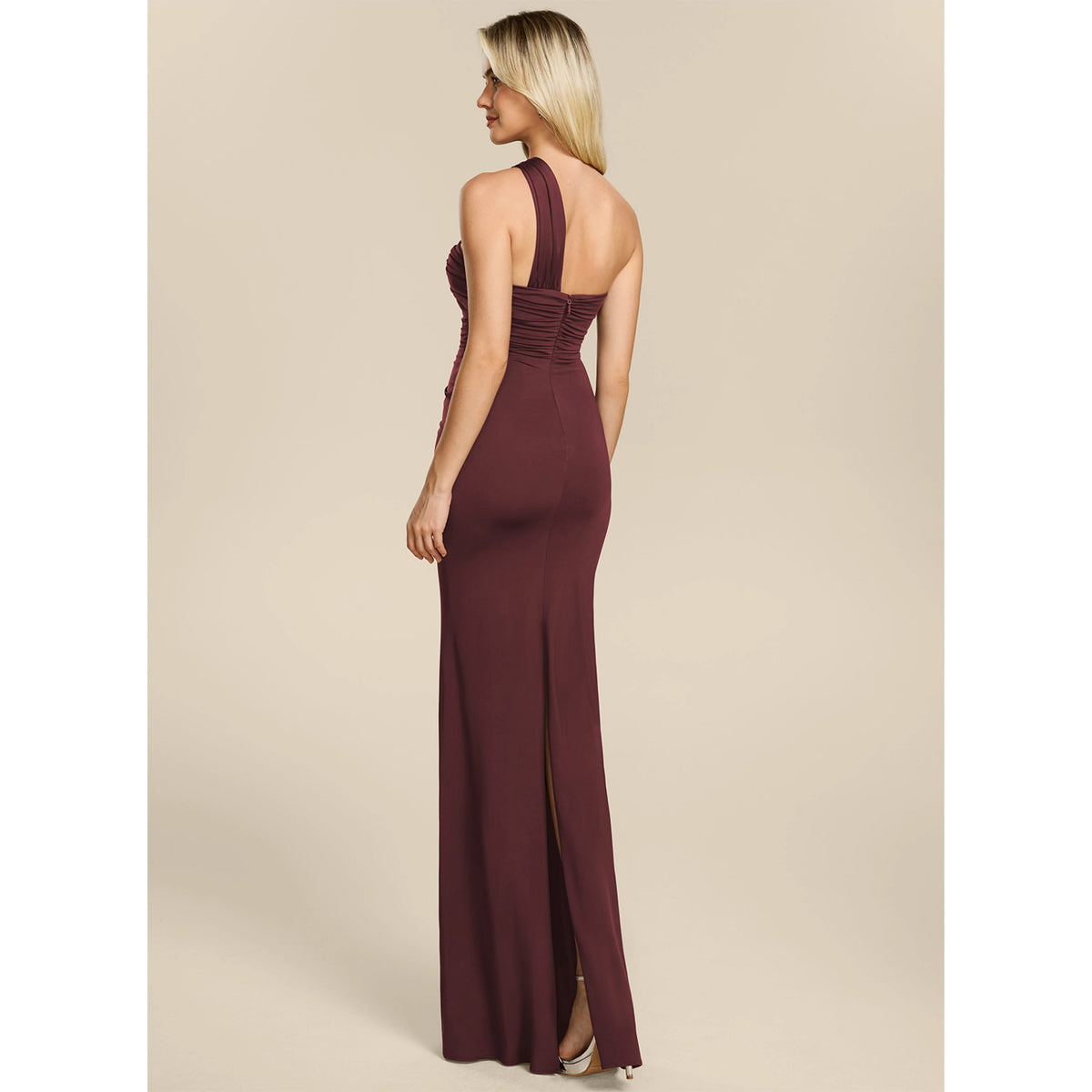 Elegant Sheath One-Shoulder Sleeveless Ruched Draped Burgundy Floor-Length Bridesmaid Dress Women's Gown