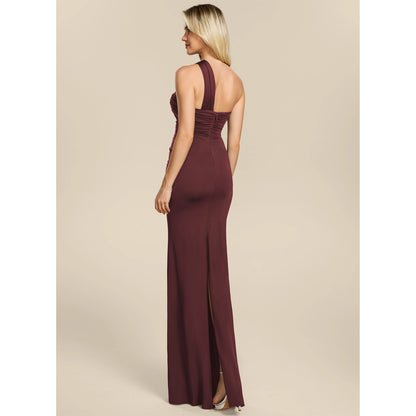 Elegant Sheath One-Shoulder Sleeveless Ruched Draped Burgundy Floor-Length Bridesmaid Dress Women's Gown