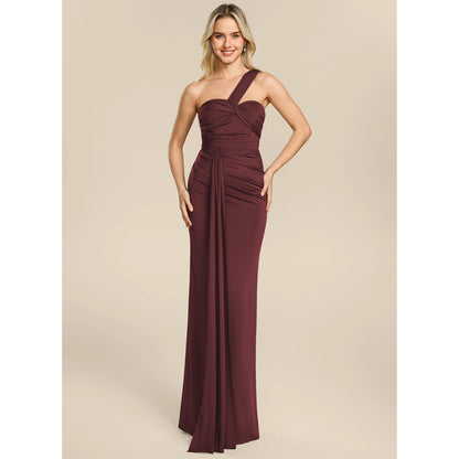Elegant Sheath One-Shoulder Sleeveless Ruched Draped Burgundy Floor-Length Bridesmaid Dress Women's Gown