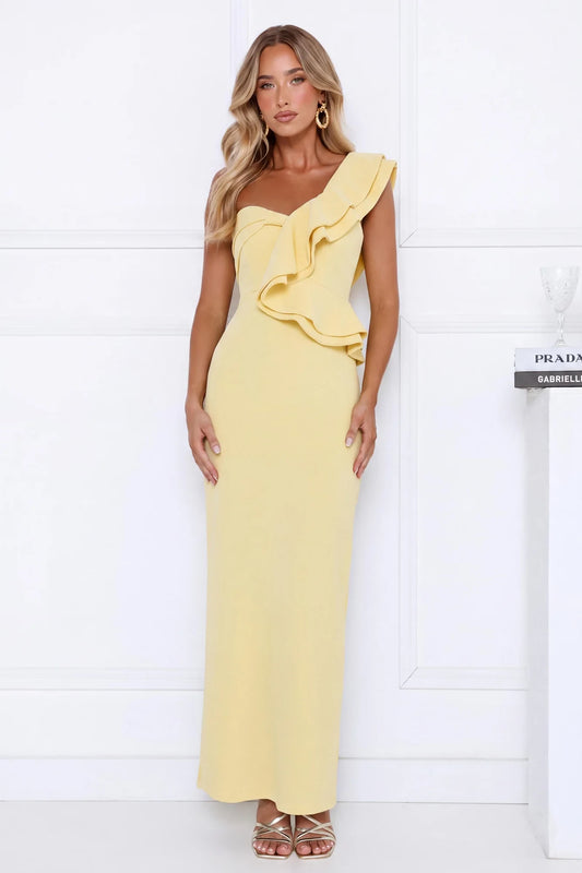 Elegant Sheath One-Shoulder Sleeveless Ruffled Slit Yellow Floor-Length Prom Dresses Women's Gown