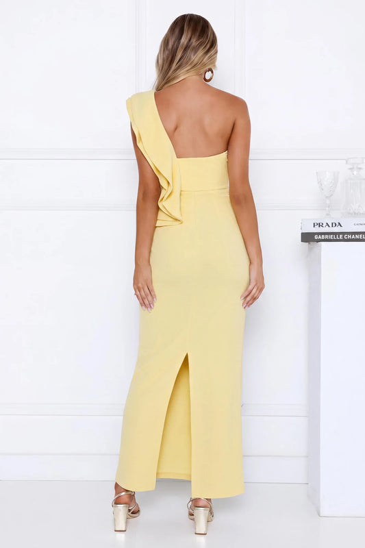 Elegant Sheath One-Shoulder Sleeveless Ruffled Slit Yellow Floor-Length Prom Dresses Women's Gown