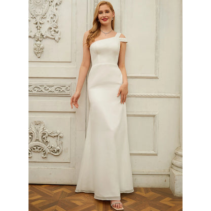 Elegant Sheath One-Shoulder Sleeveless Sleek Sophisticated White Floor-Length Wedding Gown