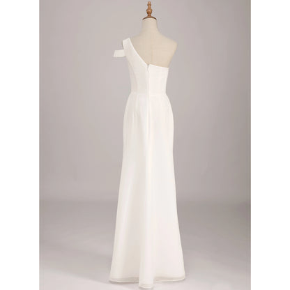Elegant Sheath One-Shoulder Sleeveless Sleek Sophisticated White Floor-Length Wedding Gown