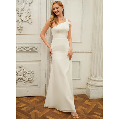 Elegant Sheath One-Shoulder Sleeveless Sleek Sophisticated White Floor-Length Wedding Gown