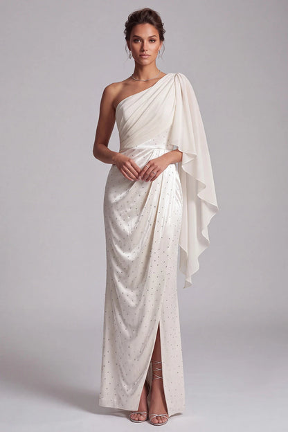 Elegant Sheath One-Shoulder Sparkling Ruched Ivory Floor-Length Prom Dresses Women's Gown