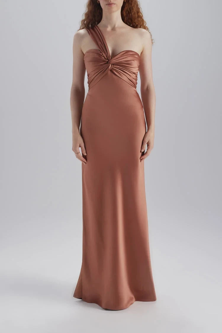 Elegant Sheath One-Shoulder Twisted Bodice Rust Floor-Length Bridesmaid Dress Women's Gown