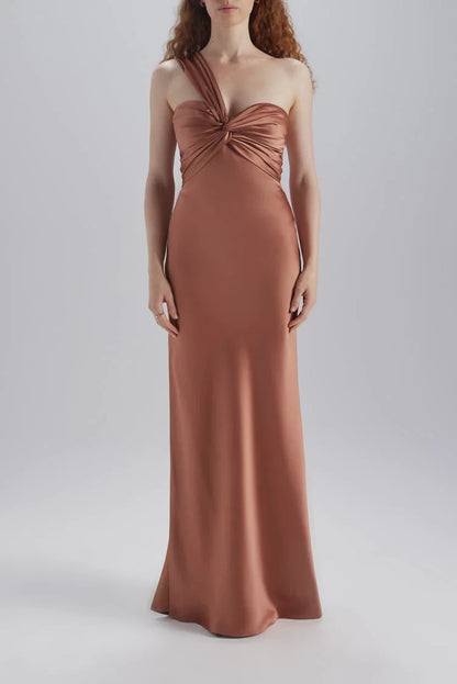 Elegant Sheath One-Shoulder Twisted Bodice Rust Floor-Length Bridesmaid Dress Women's Gown