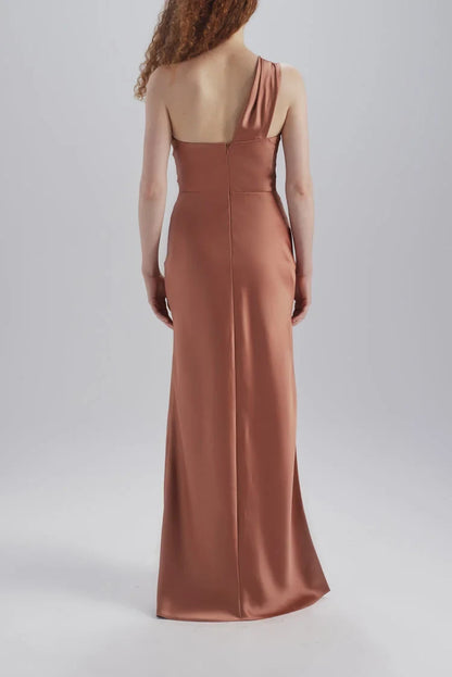 Elegant Sheath One-Shoulder Twisted Bodice Rust Floor-Length Bridesmaid Dress Women's Gown