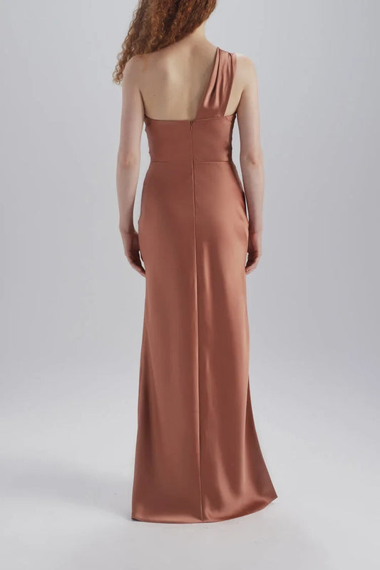 Elegant Sheath One-Shoulder Twisted Bodice Rust Floor-Length Bridesmaid Dress Women's Gown