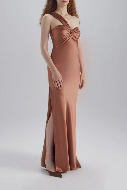 Elegant Sheath One-Shoulder Twisted Bodice Rust Floor-Length Bridesmaid Dress Women's Gown