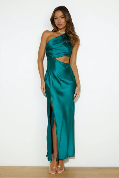 Elegant Sheath One Shoulder Draped Cutout Teal Maxi Prom Gown