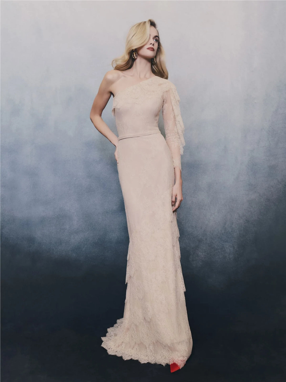 Elegant Sheath One Shoulder Long Sleeve Tiered Champagne Evening Dresses Women