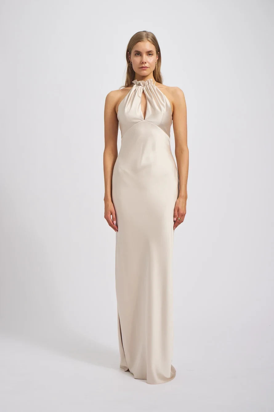 Elegant Sheath Ruched Halter Sleeveless Modern Sleek Champagne Floor-Length Bridesmaid Dress