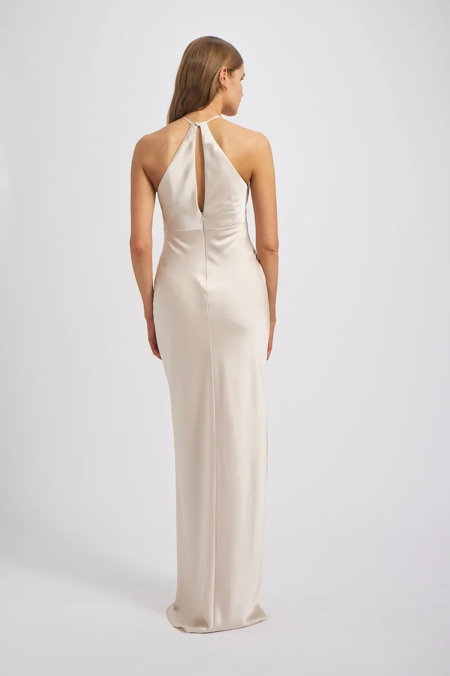 Elegant Sheath Ruched Halter Sleeveless Modern Sleek Champagne Floor-Length Bridesmaid Dress
