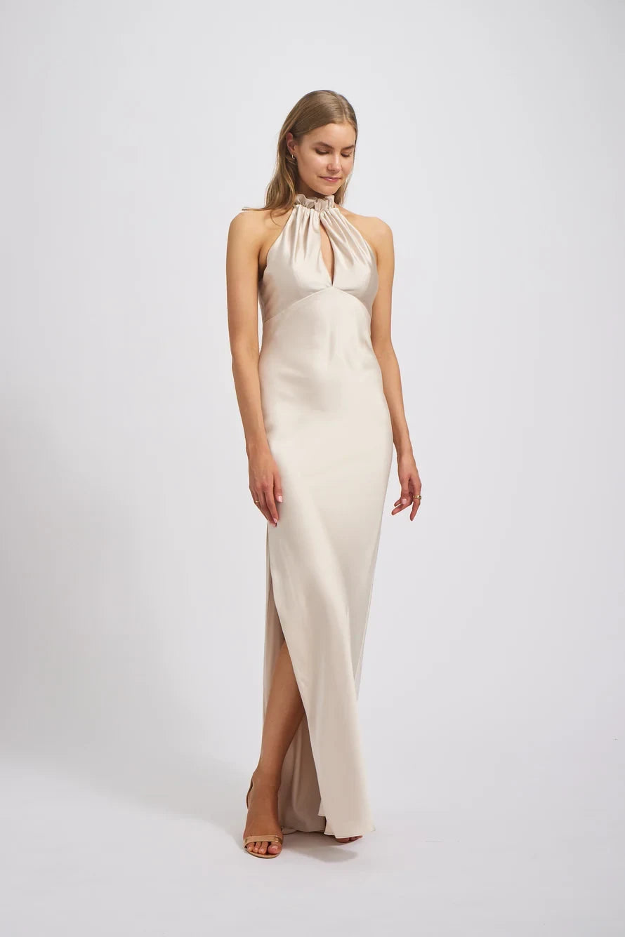 Elegant Sheath Ruched Halter Sleeveless Modern Sleek Champagne Floor-Length Bridesmaid Dress