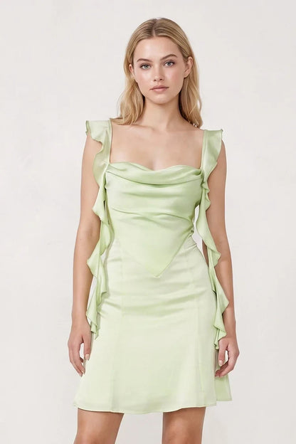 Elegant Sheath Ruffled Square Neck Sage Green Mini Homecoming Dress for Women