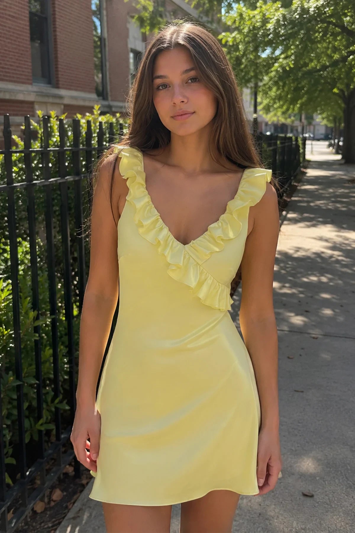 Elegant Sheath Ruffled V-Neck Sleeveless Flirty Yellow Short Homecoming Dress