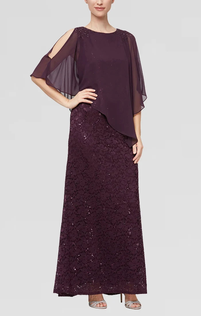 Elegant Sheath Scoop Caped Purple Long Mother of the Bride Dress