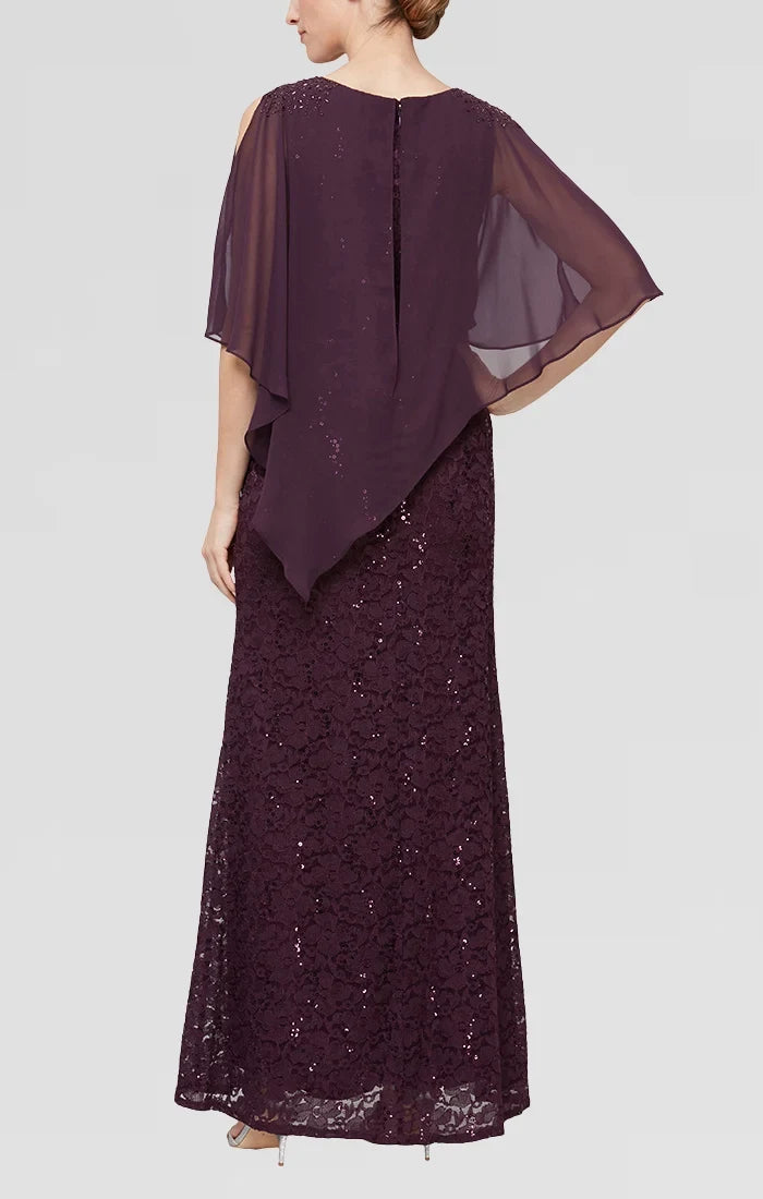 Elegant Sheath Scoop Caped Purple Long Mother of the Bride Dress