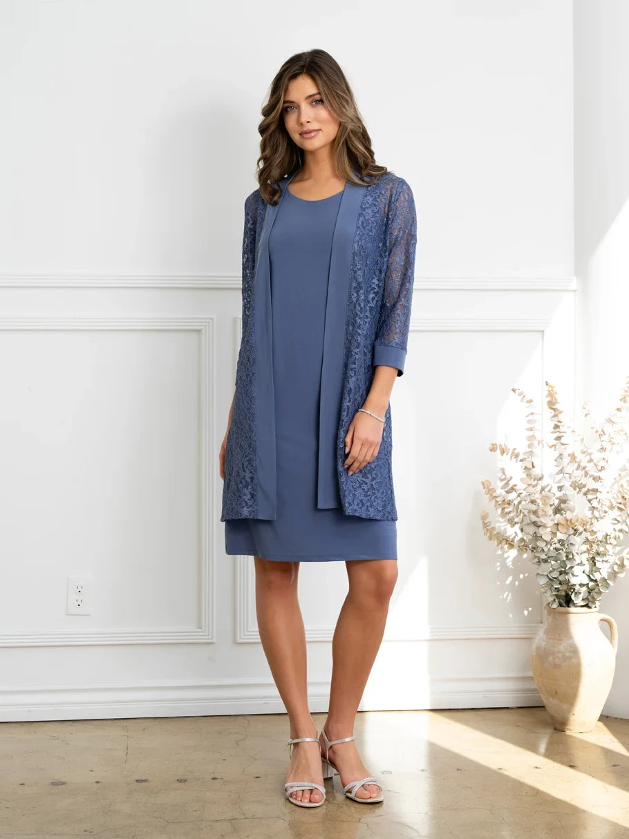 Elegant Sheath Scoop Neck 3/4 Sleeve Lace Slate Blue Knee-Length Mother of the Bride Dress