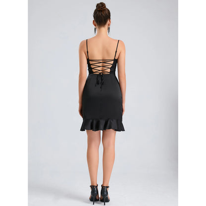 Elegant Sheath Spaghetti Strap Ruched Ruffled Black Mini Homecoming Dress