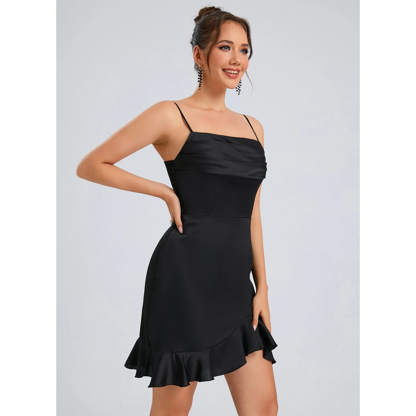 Elegant Sheath Spaghetti Strap Ruched Ruffled Black Mini Homecoming Dress