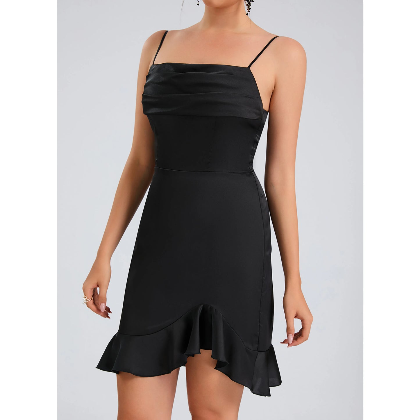 Elegant Sheath Spaghetti Strap Ruched Ruffled Black Mini Homecoming Dress