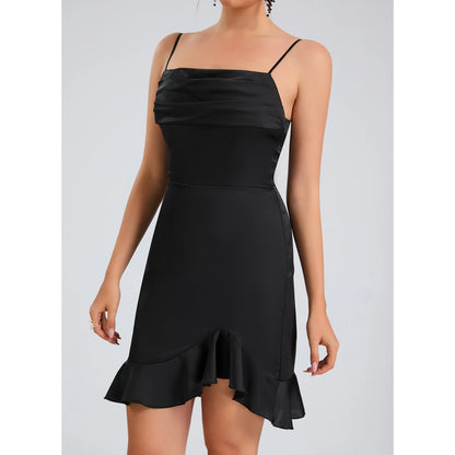 Elegant Sheath Spaghetti Strap Ruched Ruffled Black Mini Homecoming Dress