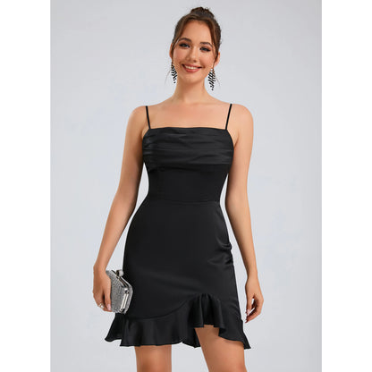 Elegant Sheath Spaghetti Strap Ruched Ruffled Black Mini Homecoming Dress
