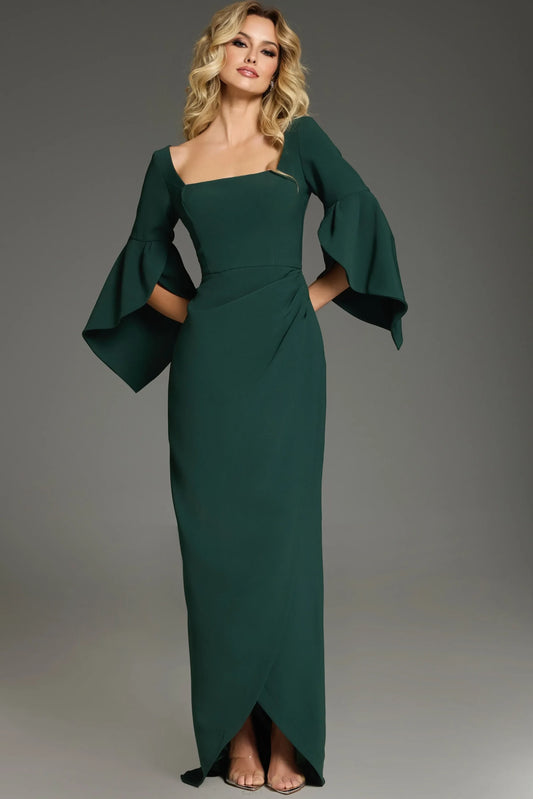 Elegant Sheath Square Neck Bell Sleeve Draped Emerald Green Floor-Length Mother of the Bride Dress