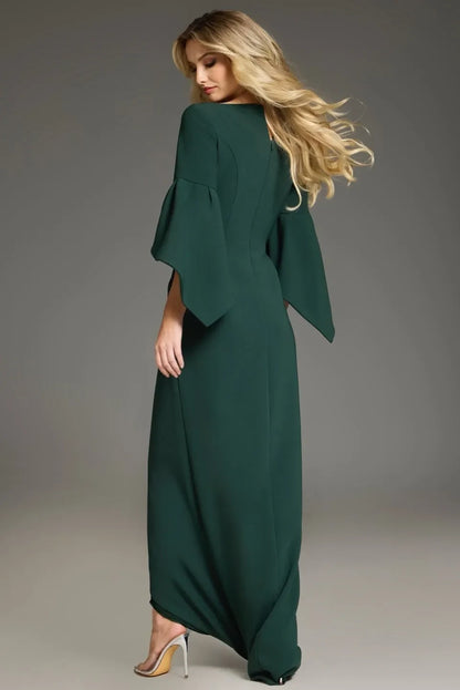 Elegant Sheath Square Neck Bell Sleeve Draped Emerald Green Floor-Length Mother of the Bride Dress