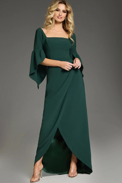 Elegant Sheath Square Neck Bell Sleeve Draped Emerald Green Floor-Length Mother of the Bride Dress