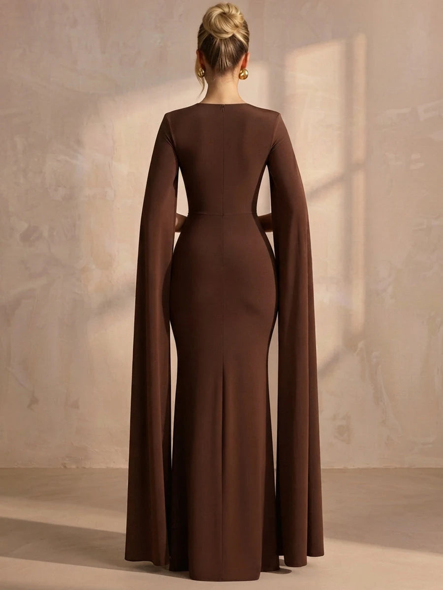 Elegant Sheath Square Neck Cape Slit Brown Prom Dresses Gown