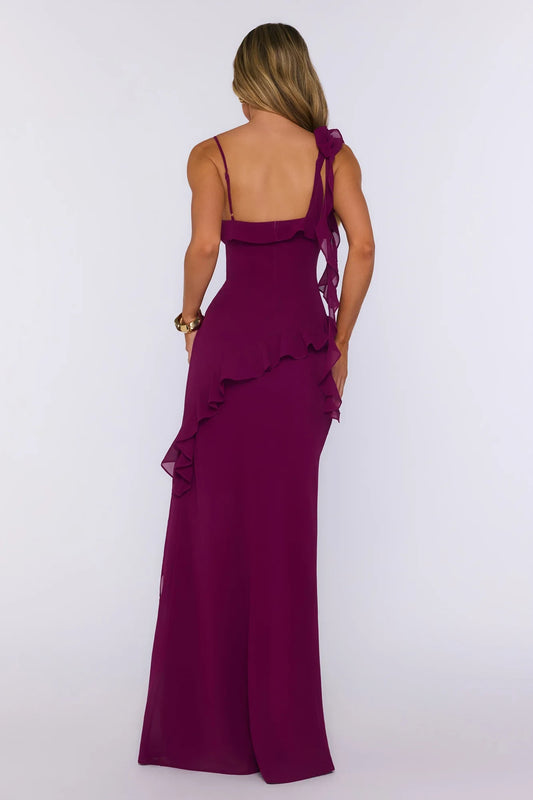 Elegant Sheath Square Neck One Shoulder Ruffled Slit Plum Floor-Length Prom Dress
