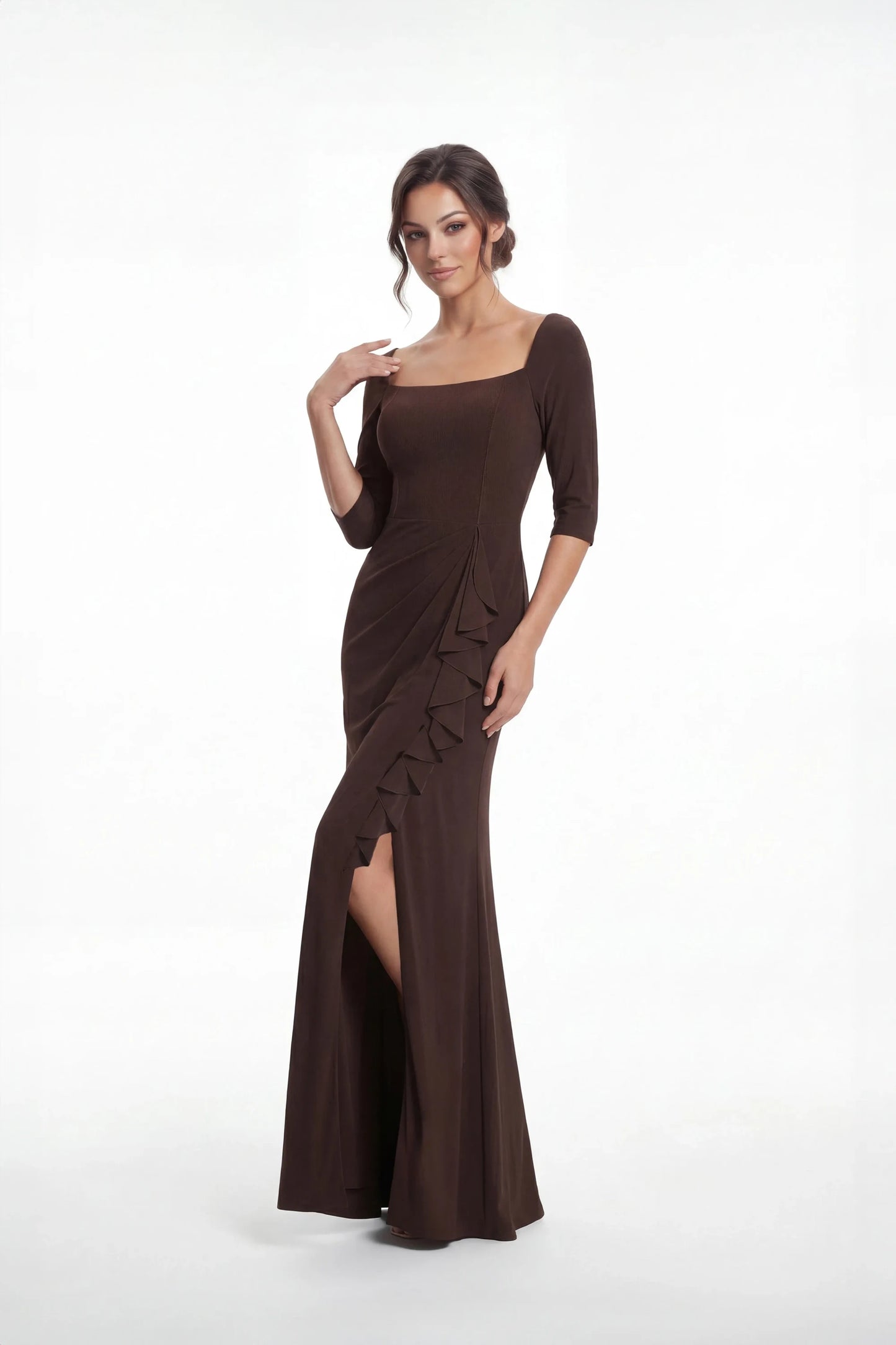 Elegant Sheath Square Neck Ruffled Chocolate Brown Mother of the Bride Dress