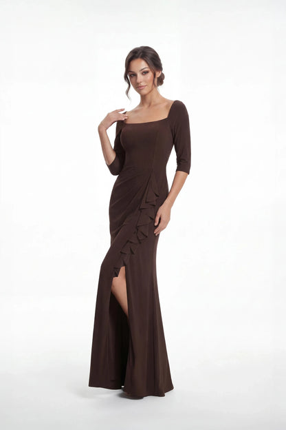 Elegant Sheath Square Neck Ruffled Chocolate Brown Mother of the Bride Dress