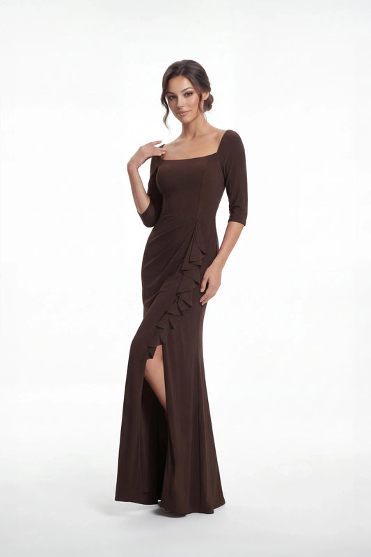 Elegant Sheath Square Neck Ruffled Chocolate Brown Mother of the Bride Dress