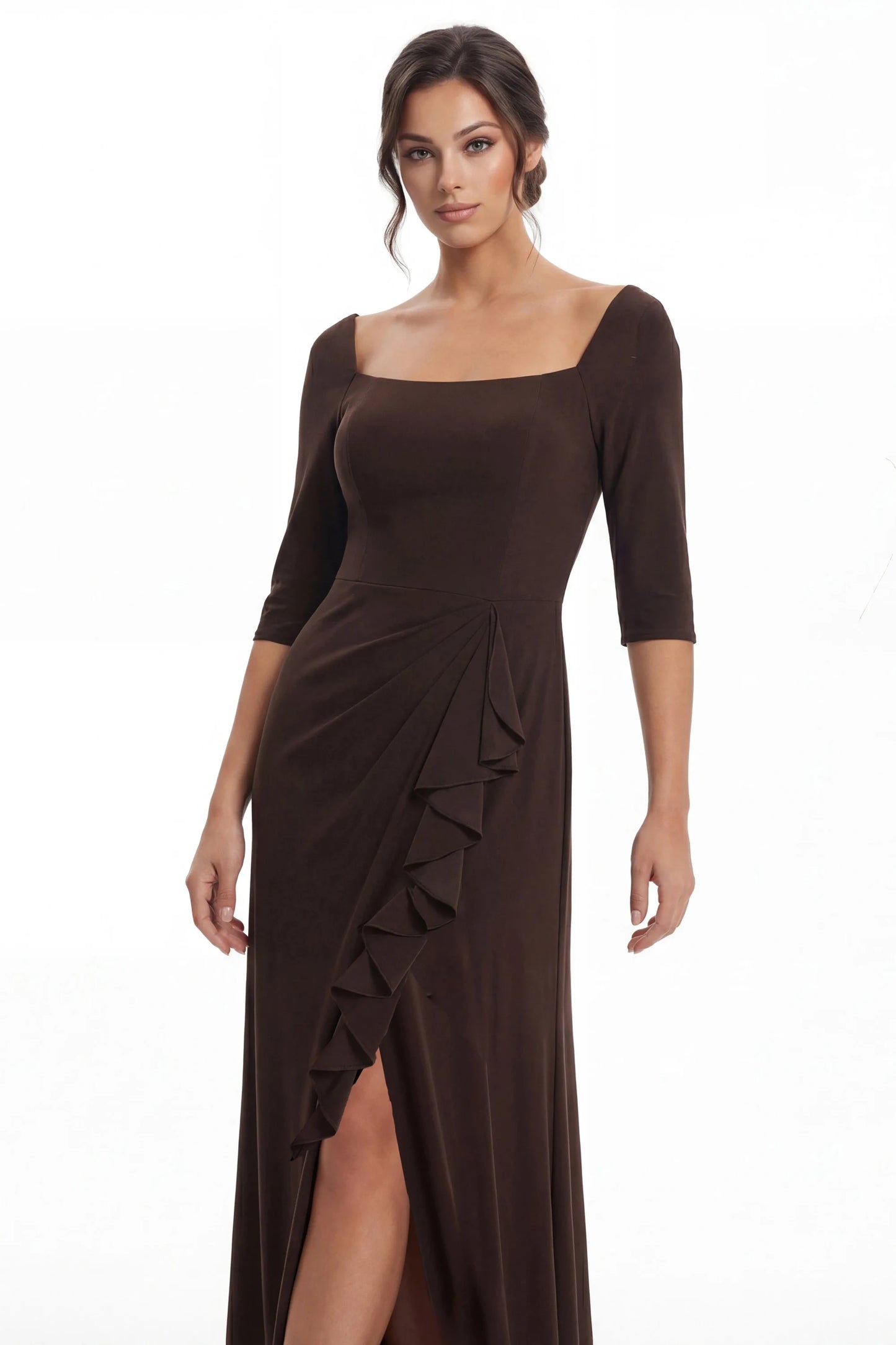 Elegant Sheath Square Neck Ruffled Chocolate Brown Mother of the Bride Dress